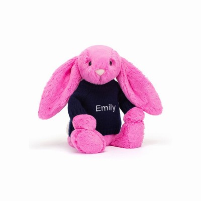 Jellycat Bashful Hot Pink Bunny with Navy Jumper USA | 83716LBUO